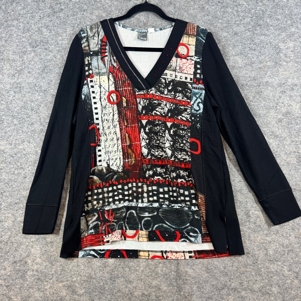 Dolcezza Simply Art Top Size L Abstract Print V Neck Tunic Shirt - Picture 3 of 16
